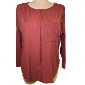 BIBI Ribbed Long Sleeve Crew Neck Top Dusty Rose Pocket‎ Shirt Women's
